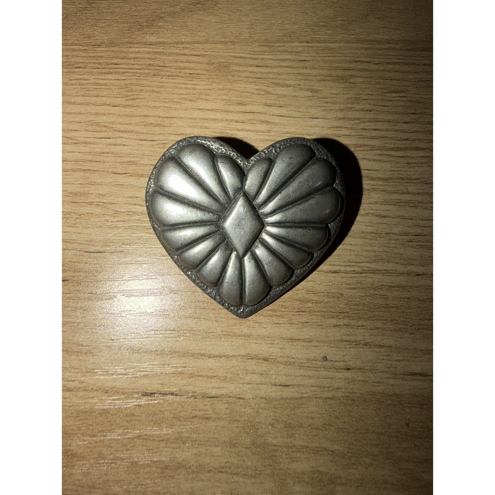 Vtg 1980 Pewter Heart Rustic Folk Solid Pewter Brooch Pin Western Boho Concho
